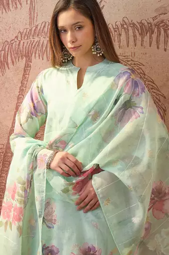 Women chanderi printed green kruta set
