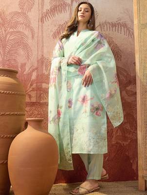 Women chanderi printed green kruta set 1