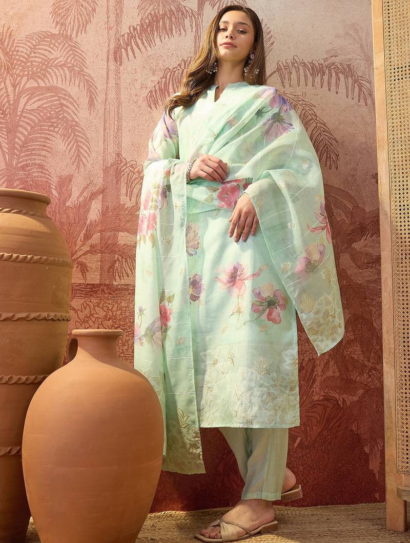Women chanderi printed green kruta set