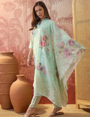 Women chanderi printed green kruta set 3