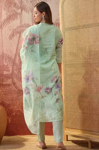 Women chanderi printed green kruta set