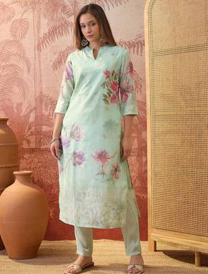 Women chanderi printed green kruta set 5