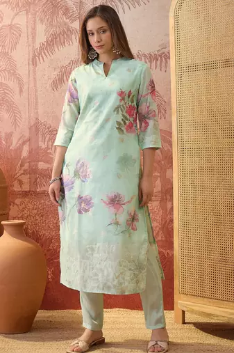 Women chanderi printed green kruta set