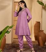 Women chinon silk embroidered purple kruta set