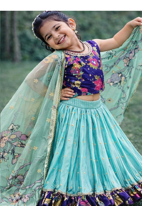 Fancy Chinon Silk Digital Printed Sky Blue Readymade Lehenga Choli 1