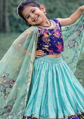 Fancy Chinon Silk Digital Printed Sky Blue Readymade Lehenga Choli