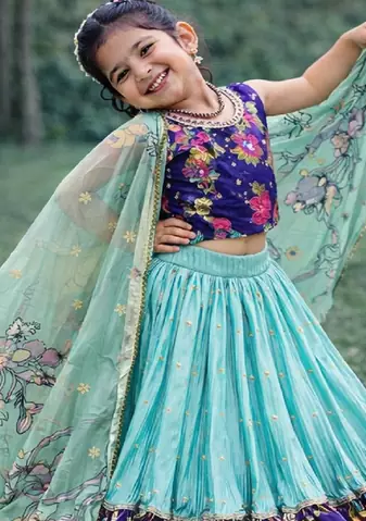 Fancy Chinon Silk Digital Printed Sky Blue Readymade Lehenga Choli