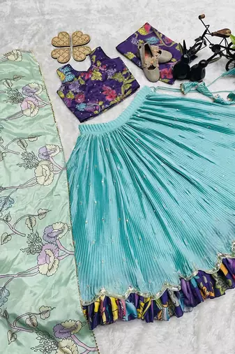 Fancy Chinon Silk Digital Printed Sky Blue Readymade Lehenga Choli