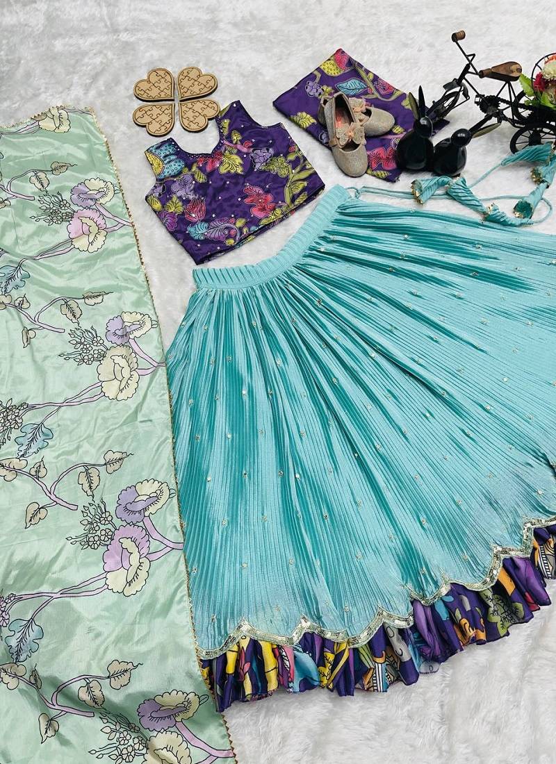 Fancy Chinon Silk Digital Printed Sky Blue Readymade Lehenga Choli