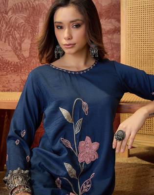 Women roman silk blend embroidery navy blue kruta set 2