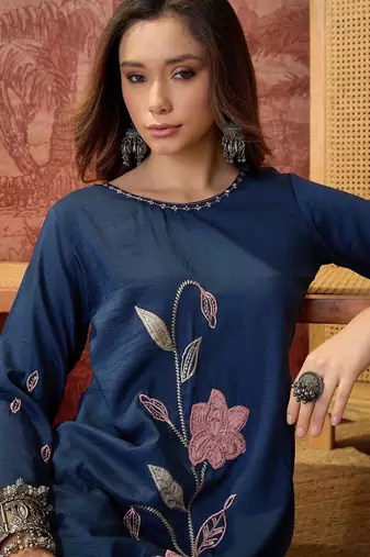 Women roman silk embroidery navy blue kruta set