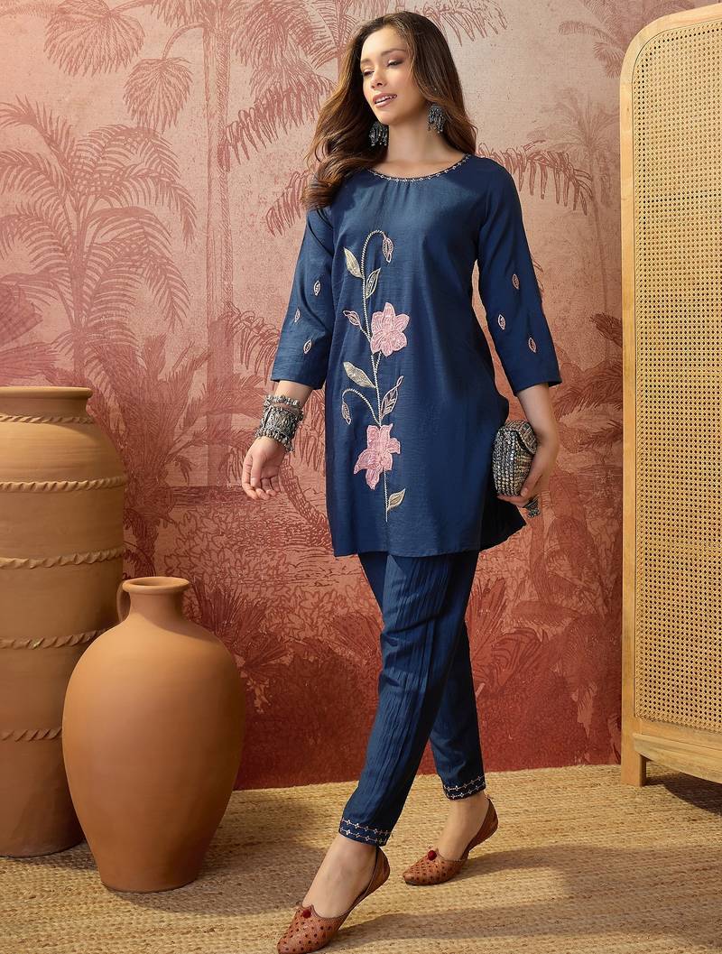 Women roman silk embroidery  navy blue kruta set