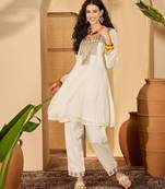 Women chinon silk embroidered cream kruta set