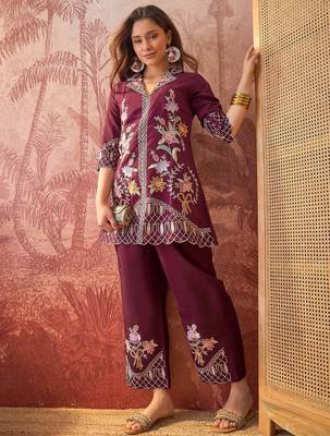 Women roman silk blend embroidery purple kruta set 3