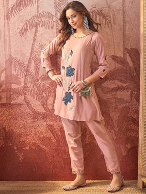Women roman silk blend embroidery pink kruta set 3