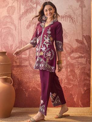 Women roman silk blend embroidery purple kruta set 1