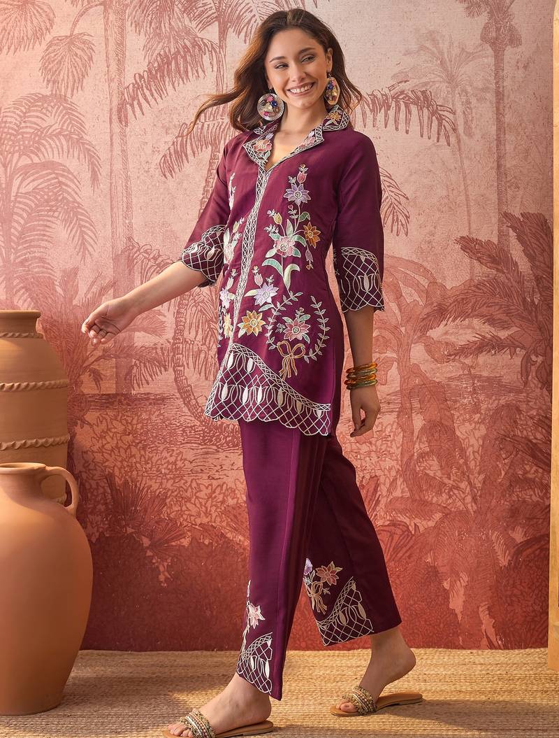 Women roman silk embroidery  purple kruta set