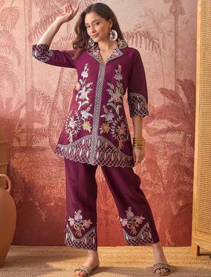 Women roman silk blend embroidery purple kruta set 4