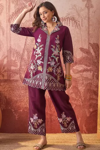 Women roman silk embroidery purple kruta set