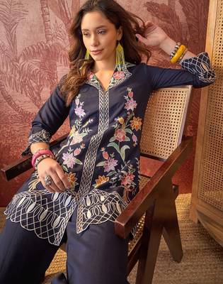 Women roman silk blend embroidery navy blue kruta set 2