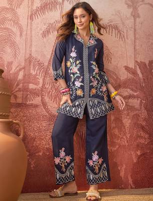 Women roman silk blend embroidery navy blue kruta set 1