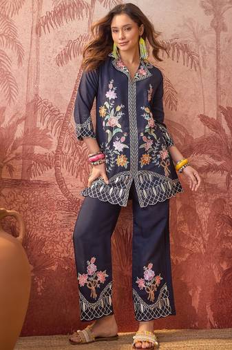 Women roman silk embroidery  navy blue kruta set
