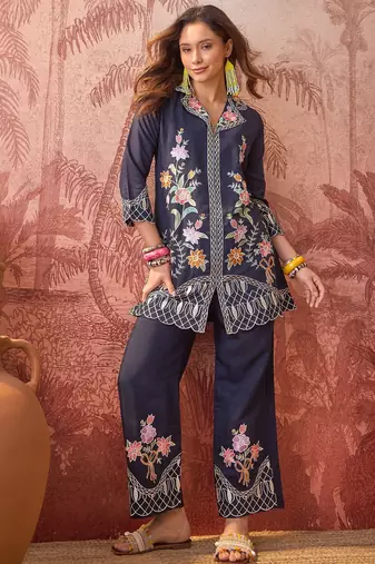 Women roman silk embroidery  navy blue kruta set