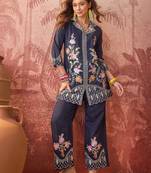 Women roman silk embroidery  navy blue kruta set