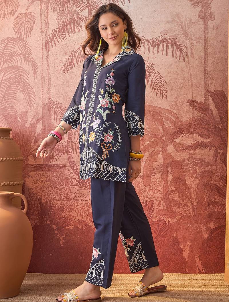 Women roman silk embroidery  navy blue kruta set