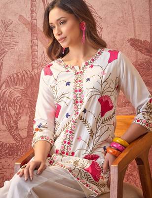 Women roman silk blend embroidery off white kruta set 2