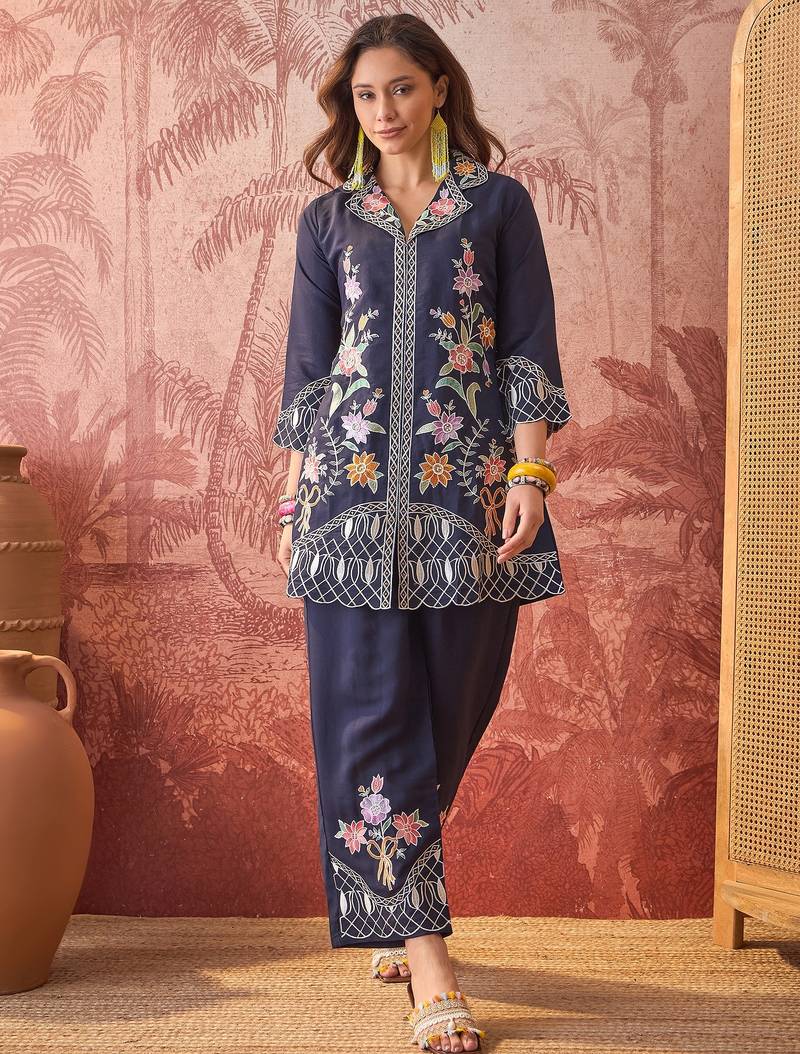 Women roman silk embroidery  navy blue kruta set