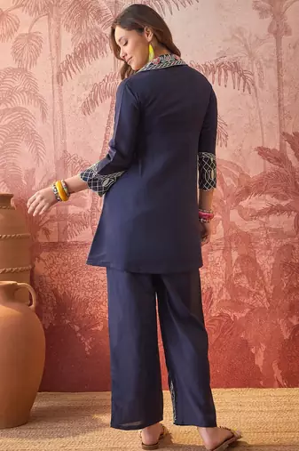 Women roman silk embroidery navy blue kruta set