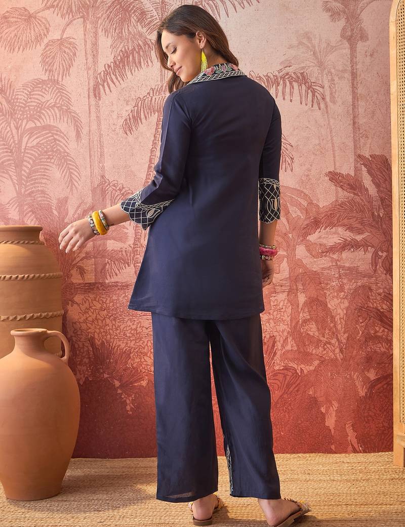 Women roman silk embroidery  navy blue kruta set