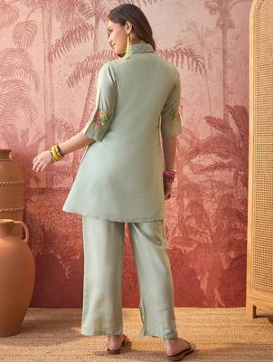 Women roman silk blend embroidery green kruta set 2