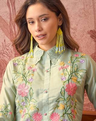 Women roman silk blend embroidery green kruta set 4