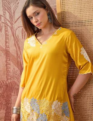 Women chinon embroidery mustard kruta set 2