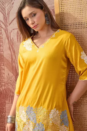 Women chinon embroidery mustard kruta set