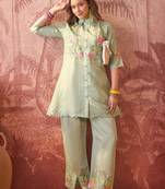 Women roman silk embroidery  green kruta set