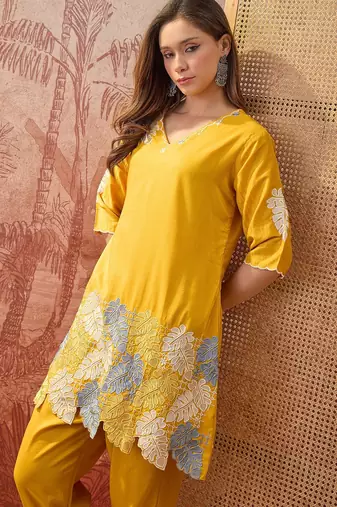 Women chinon embroidery mustard kruta set