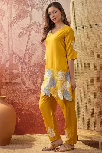 Women chinon embroidery mustard kruta set