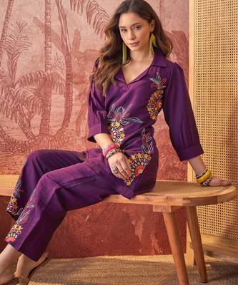 Women roman silk blend embroidery off white kruta set 2