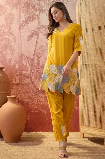 Women chinon embroidery mustard kruta set
