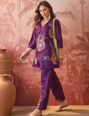 Women roman silk blend embroidery off white kruta set 3