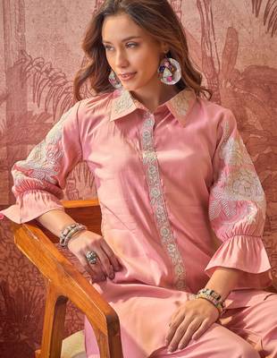 Women roman silk blend embroidery pink kruta set 3