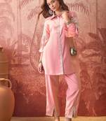 Women roman silk embroidery  pink kruta set