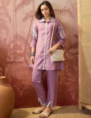 Women roman silk blend embroidery purple kruta set 3