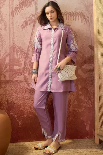 Women roman silk embroidery purple kruta set