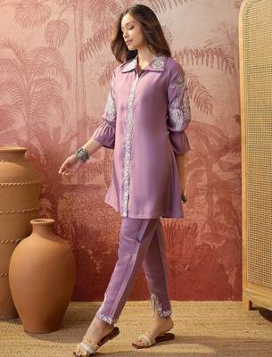 Women roman silk blend embroidery purple kruta set 4