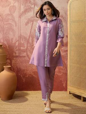 Women roman silk blend embroidery purple kruta set 1