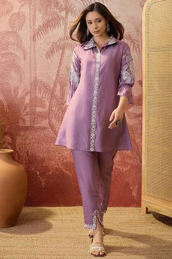 Women roman silk embroidery  purple kruta set
